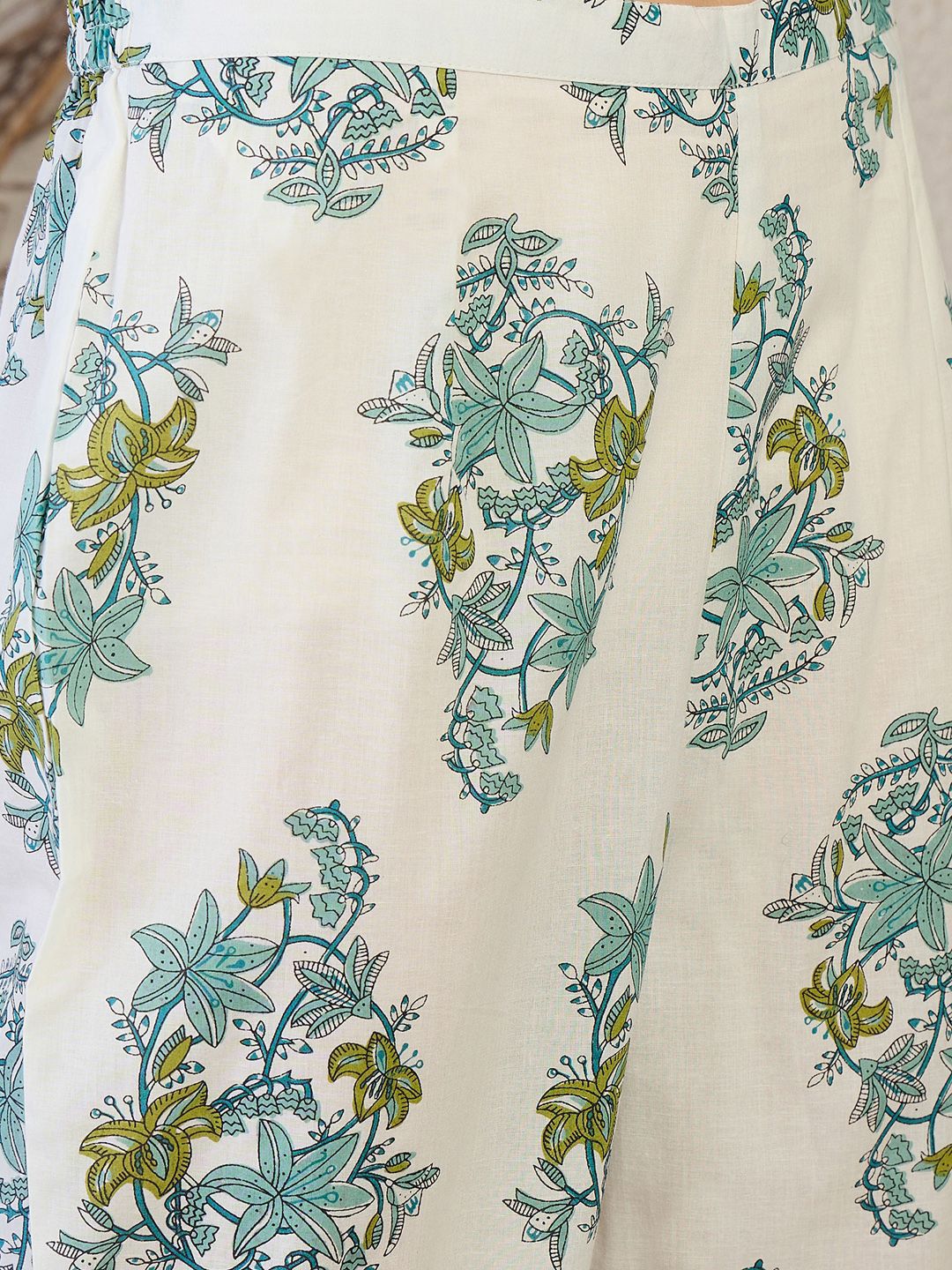 Indo Era Floral Printed V Neck A Line Pleated Pure Cotton Kurta With Trousers