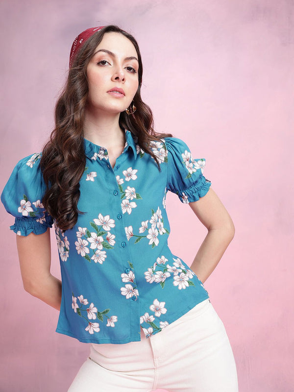 DressBerry Floral Print Puff Sleeves Shirt Style Top