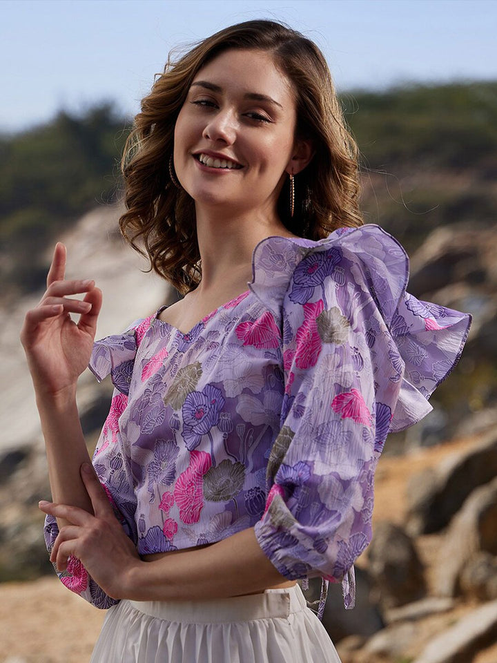 Athena Floral Printed Puff Sleeves Ruffles Detail Crop Top