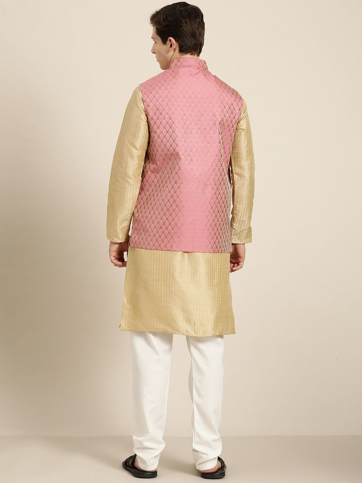 SOJANYA Men Gold Striped Thread Work Straight Kurta Churidar & Nehru Jacket