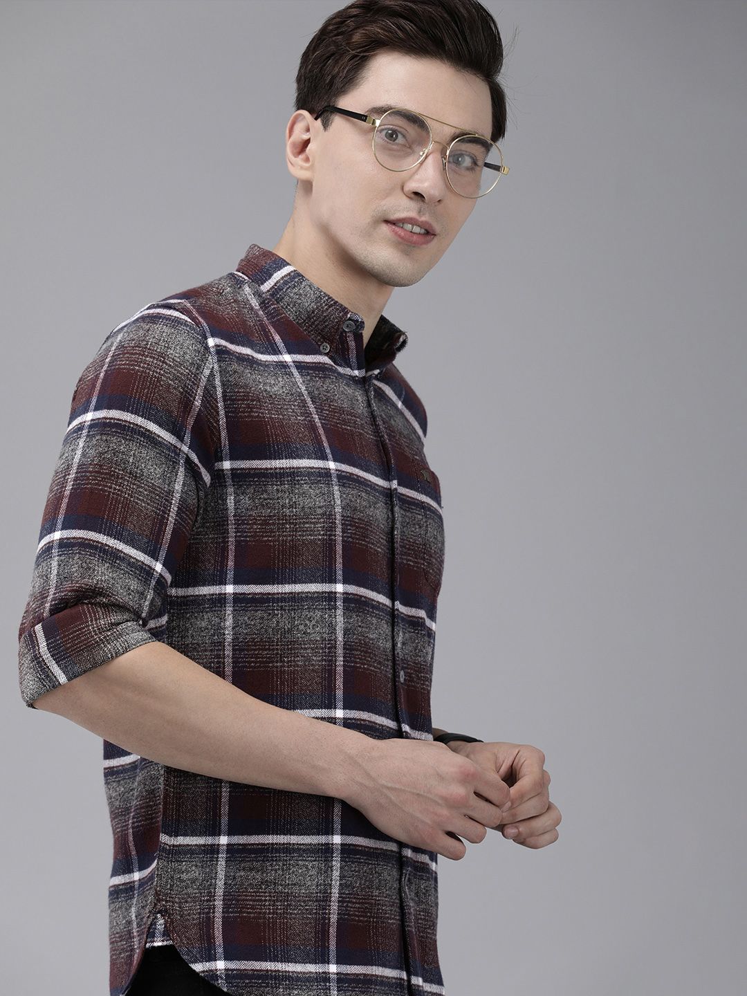 THE BEAR HOUSE Men Grey & Brown Slim Fit Tartan Checked Flannel Pure Cotton Casual Shirt
