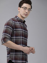 THE BEAR HOUSE Men Grey & Brown Slim Fit Tartan Checked Flannel Pure Cotton Casual Shirt