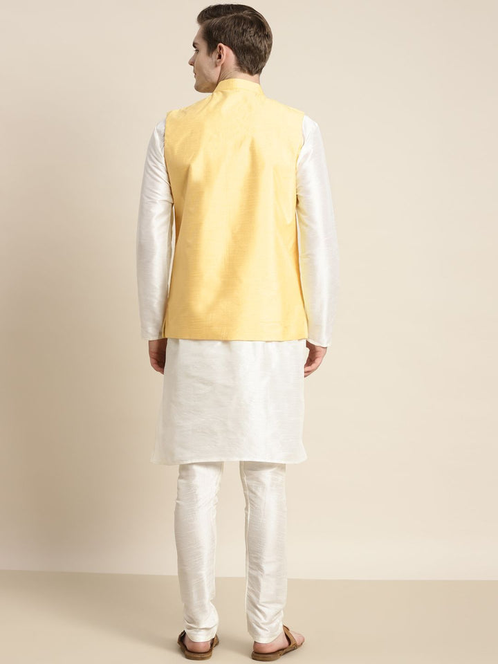 SOJANYA Men Off White Embroidered Mirror Work Kurta with Churidar