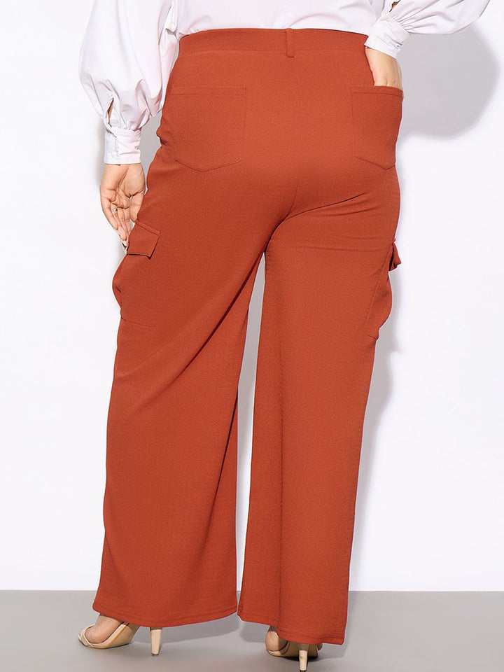 SASSAFRAS Curve Women Plus Size Rust Orange Straight Fit Pleated-Front Cargos Trousers