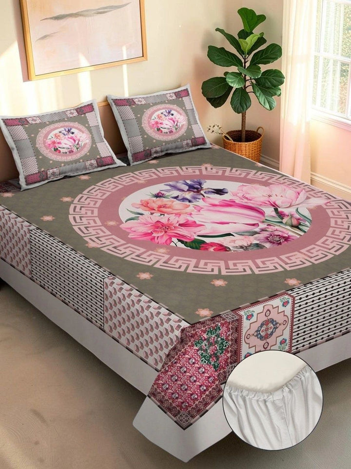 Moda Rapido X KLOTTHE Kelabu & Bunga Merah Jambu Cadar King 400 TC dengan 2 Sarung Bantal