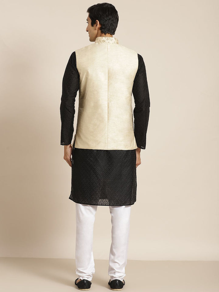 SOJANYA Lelaki Motif Etnik Hitam Chikankari Kurta Kapas Tulen dengan Jaket Churidar & Nehru