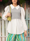DressBerry Sleek & Simple Layered Detail Puff Sleeves Shirt-Style Longline Top