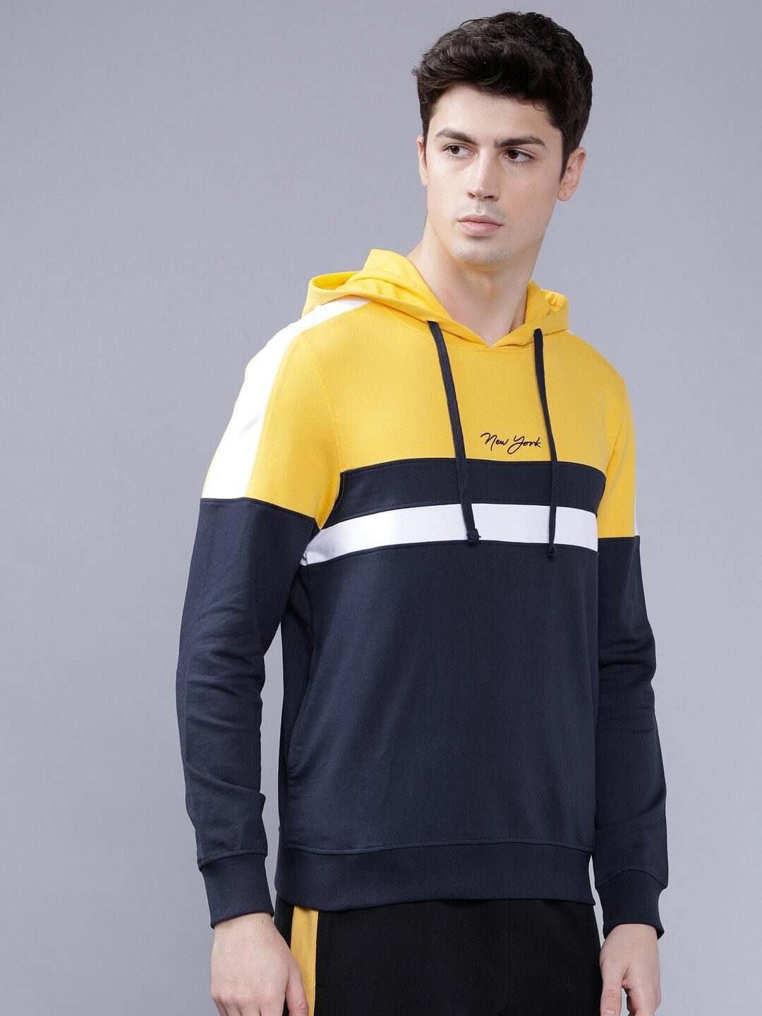The Indian Garage Co Men Navy Blue & Yellow Colourblocked Hooded Sweatshirt