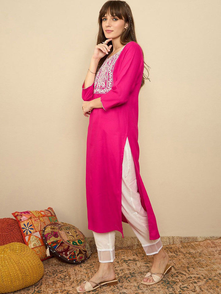 Indo Era Ethnic Motifs Embroidered Round Neck Thread Work Straight Kurta