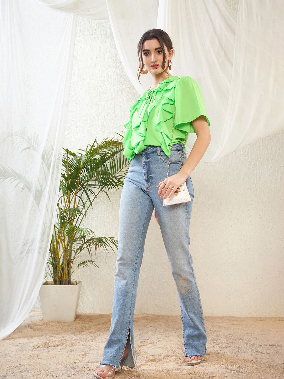 SASSAFRAS Green Keyhole Neck Flared Sleeve Ruffles Georgette Top