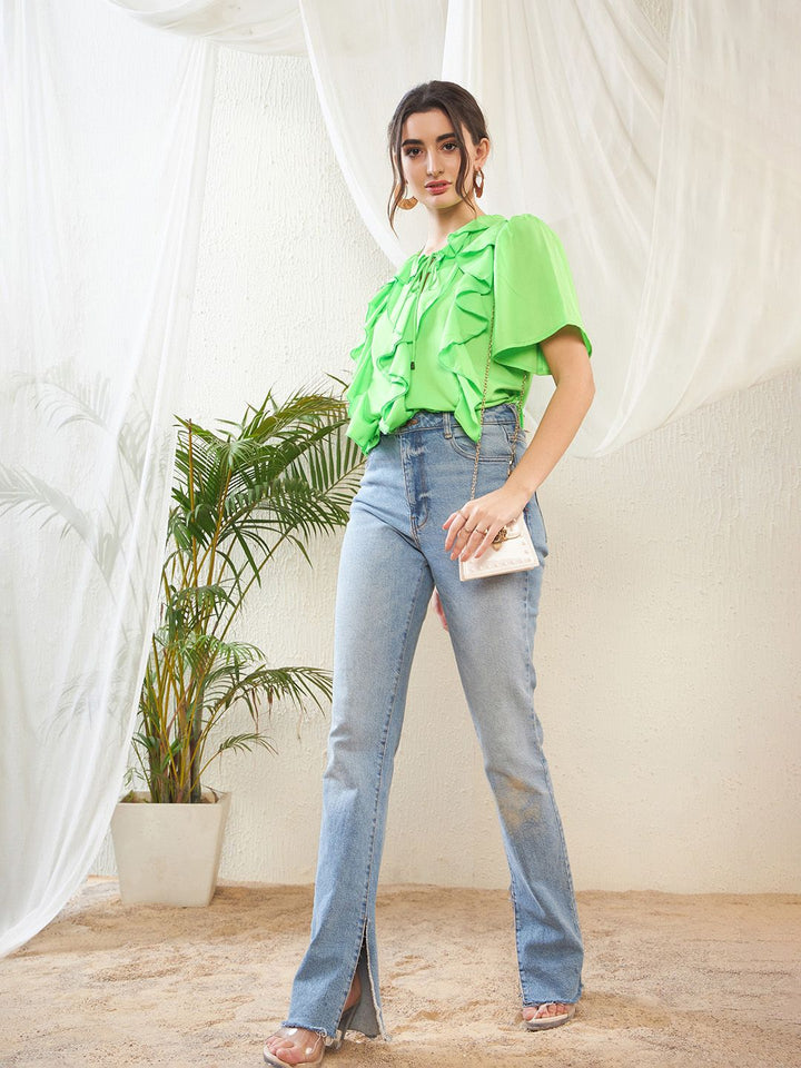 SASSAFRAS Green Keyhole Neck Flared Sleeve Ruffles Georgette Top