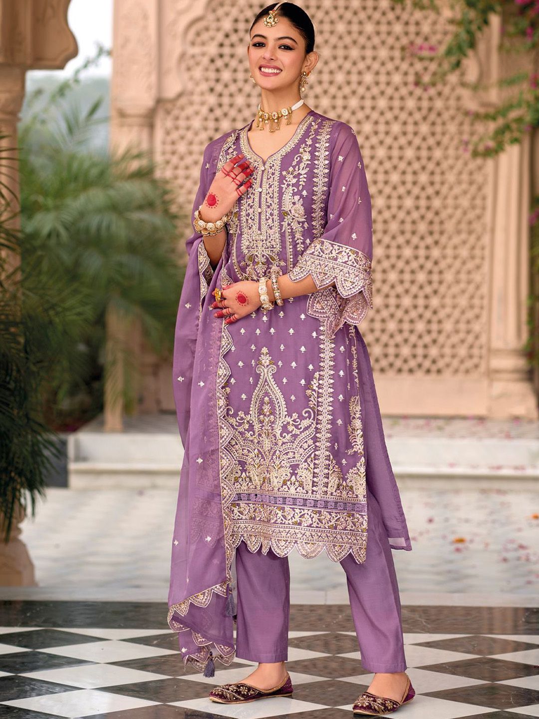 Indo Era Ethnic Motifs Embroidered Zari Organza Kurta With Trousers And Dupatta