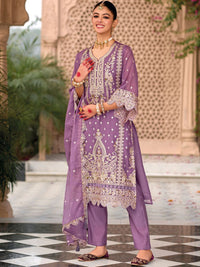 Indo Era Ethnic Motifs Embroidered Zari Organza Kurta With Trousers And Dupatta
