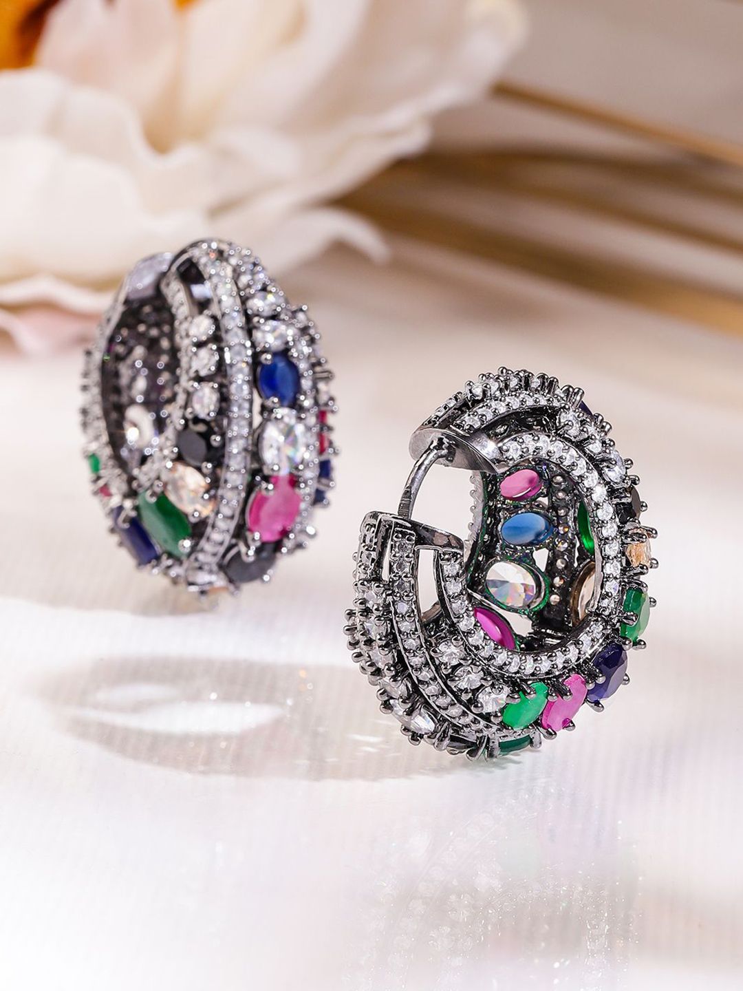 Rubans Black-Toned Multicolour Gemstone & Cubic Zirconia Studded Statement Hoop Earrings