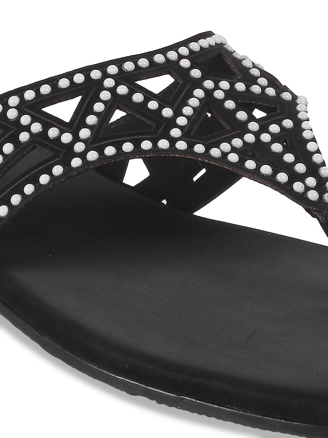 Mochi Embellished Open Toe Flats With Laser Cuts