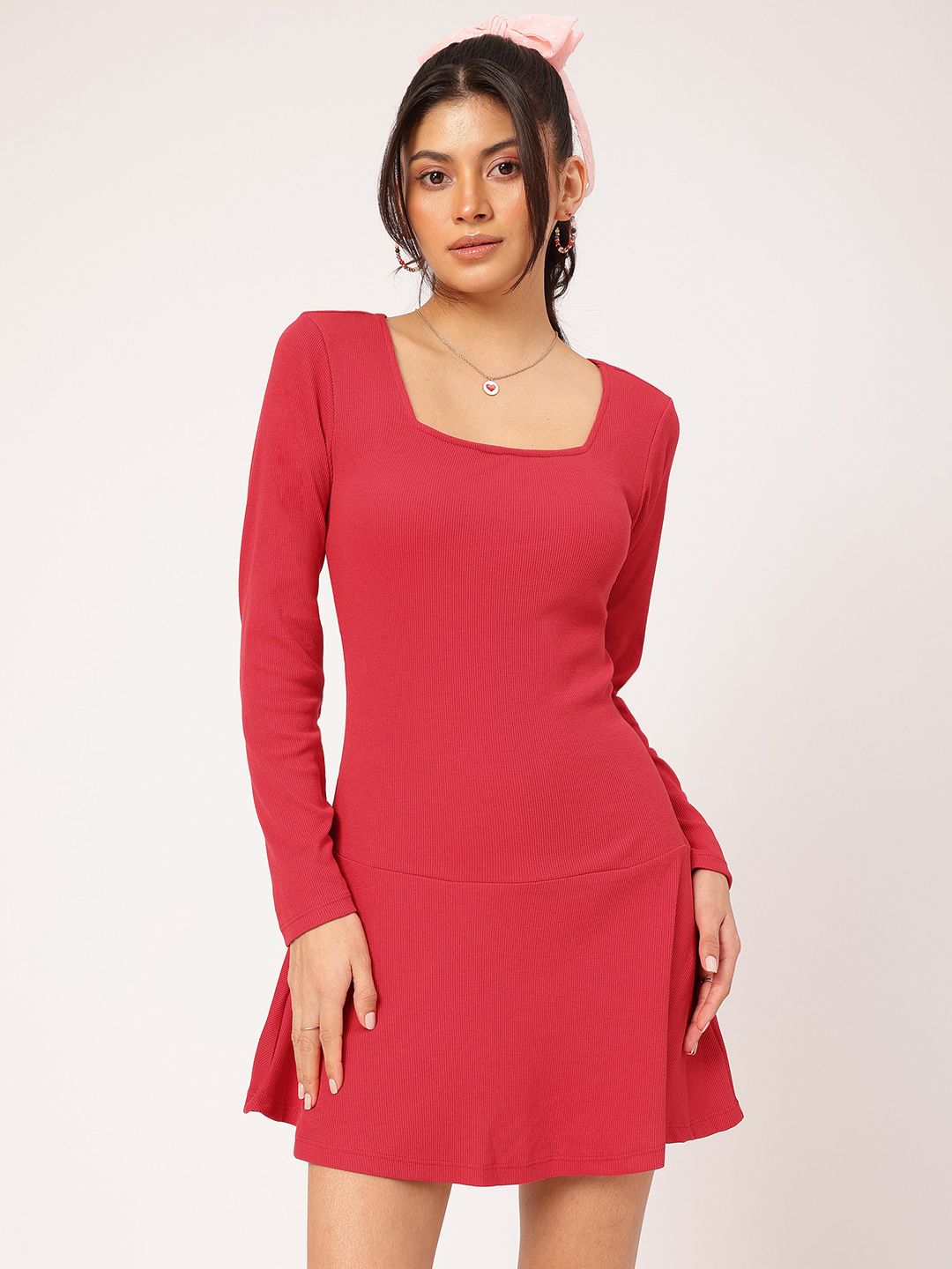 DressBerry Cheery Red Minimalist Kawaii Ribbed Drop-Waist Mini Dress