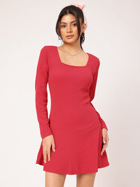 DressBerry Cheery Red Minimalist Kawaii Ribbed Drop-Waist Mini Dress