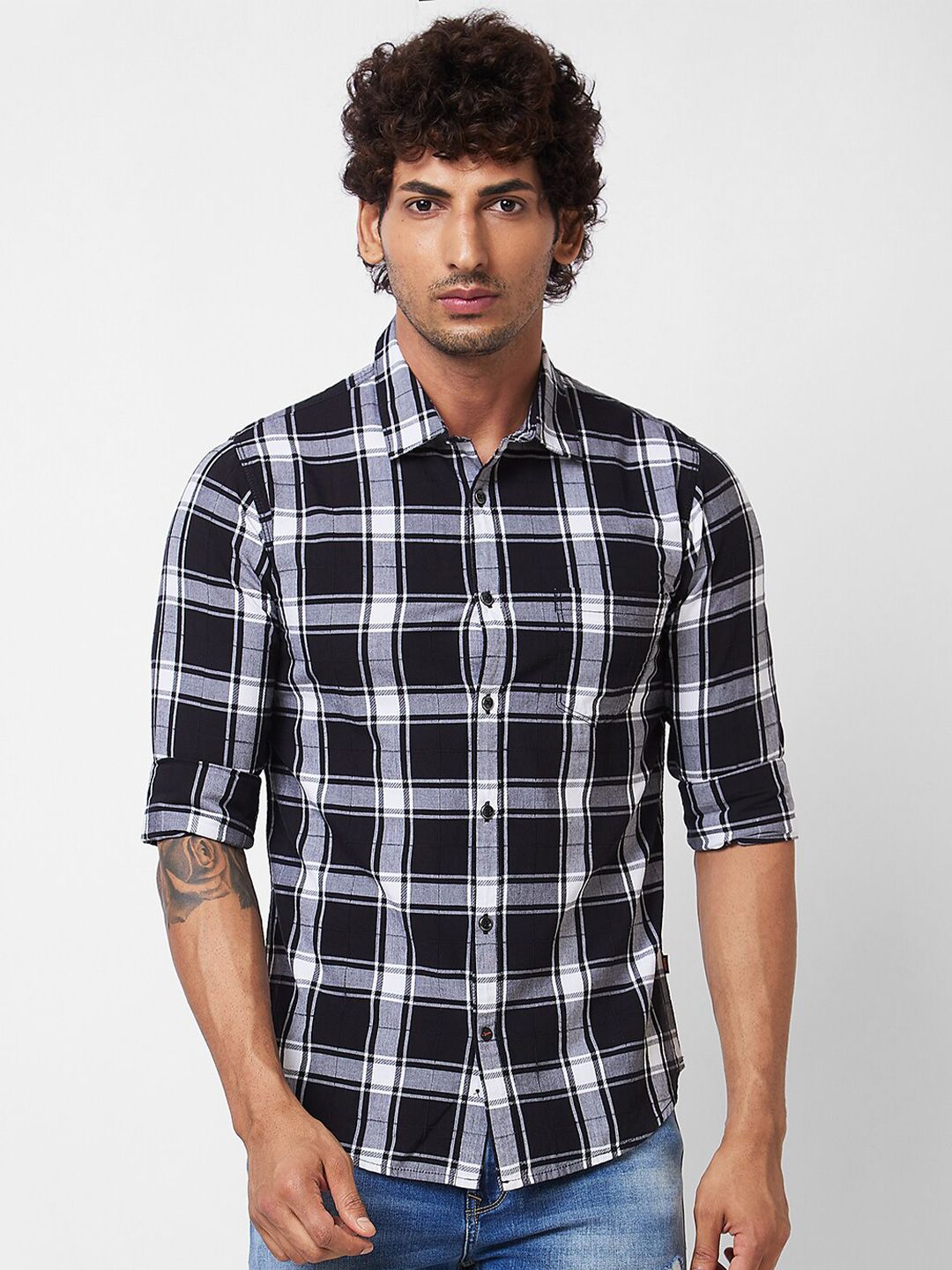 SPYKAR Tartan Checked Spread Collar Cotton Casual Shirt