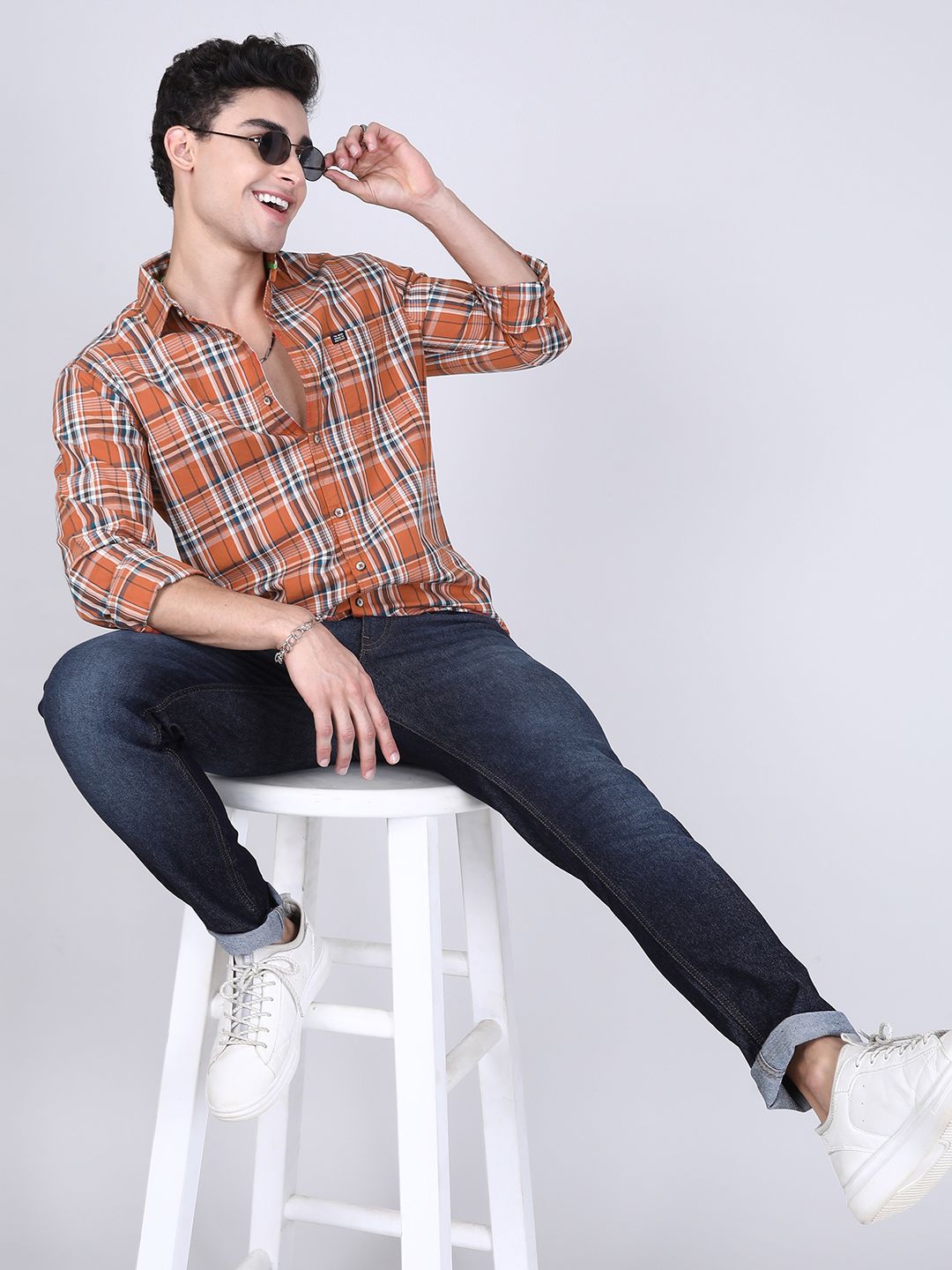 The Indian Garage Co Men Orange & Teal Blue Slim Fit Checked Casual Shirt