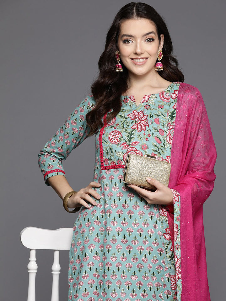 Indo Era Women Floral Printed Mirror Work Pure Cotton Kurta with Trousers & With Dupatta