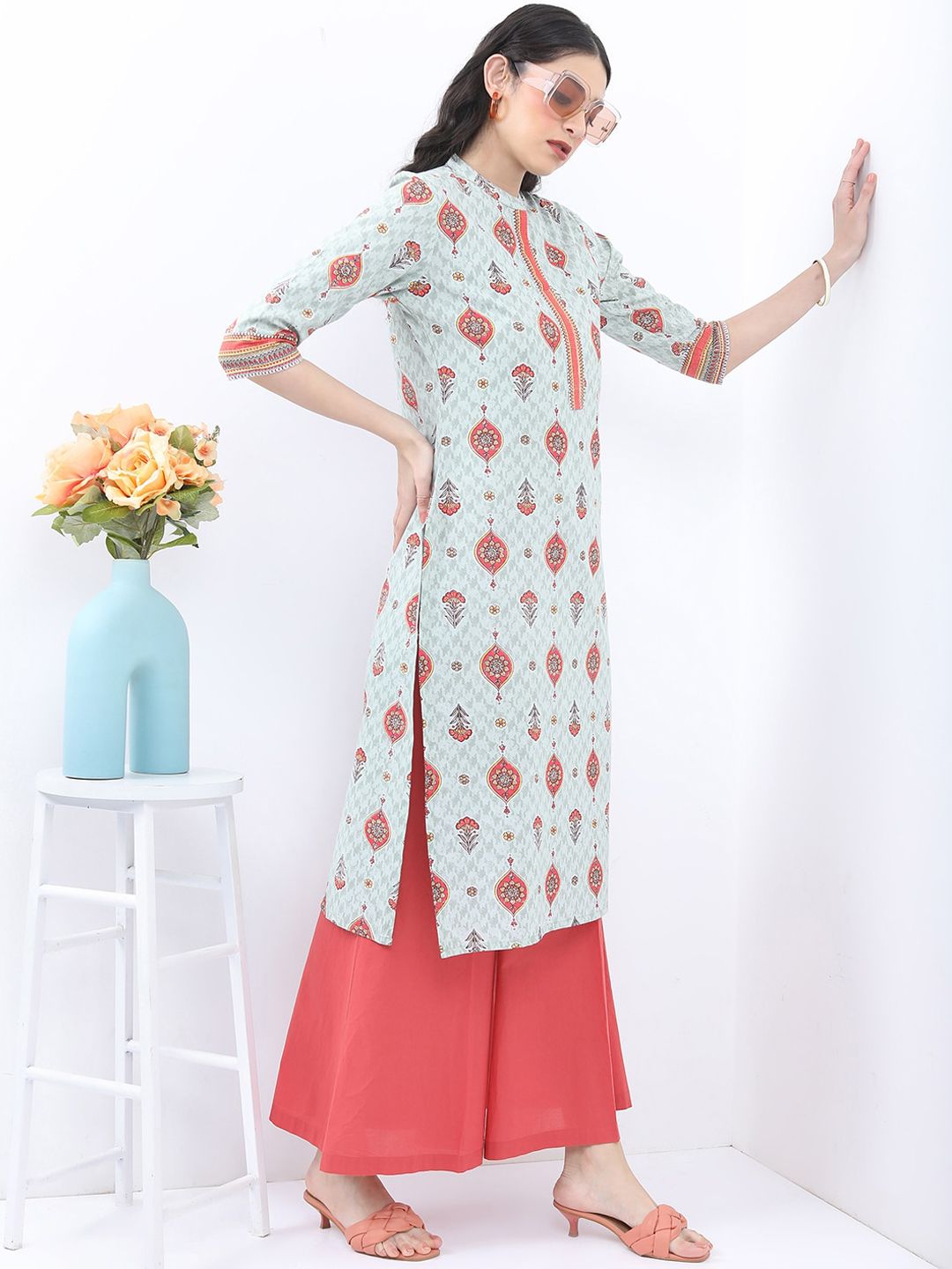 Vishudh Ethnic Motif Printed Band Collar Pure Cotton Kurta