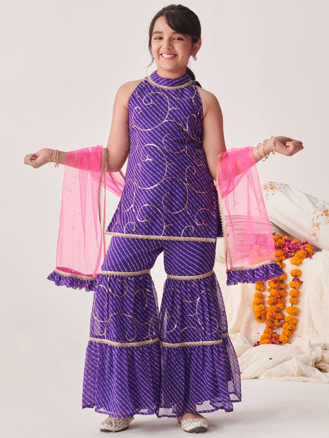 pspeaches Girls Tiered Kurta with Sharara & With Dupatta