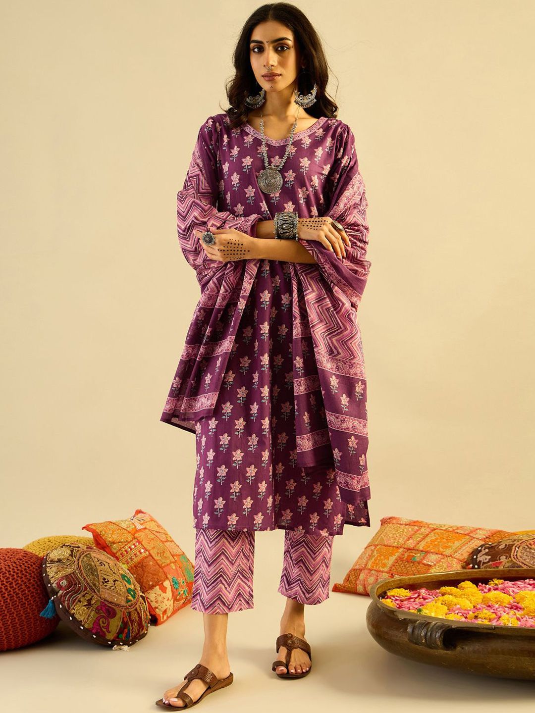 Indo Era Purple Floral Printed V-Neck Pure Cotton Straight Kurta with Trousers & Dupatta