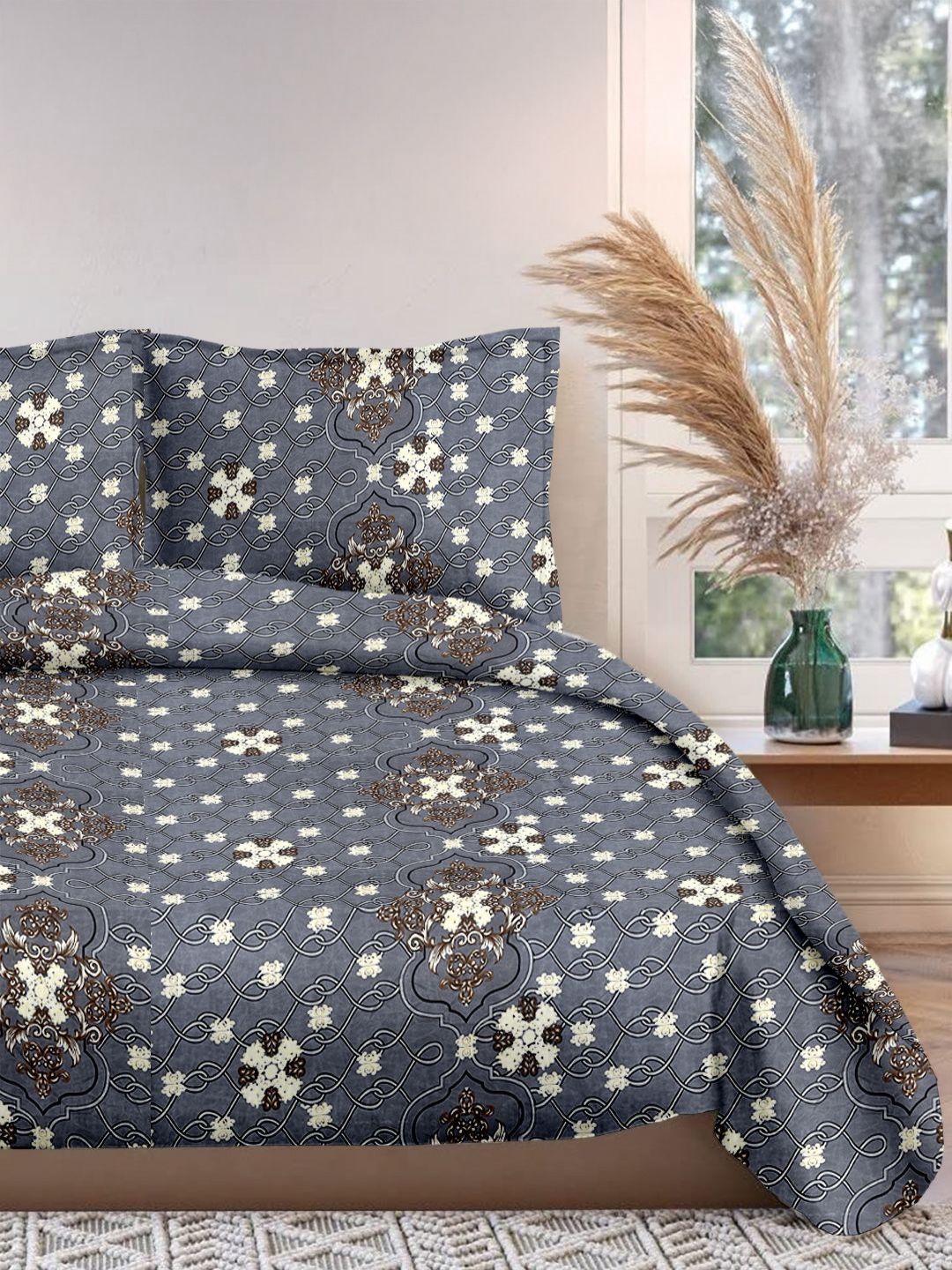 Cortina Glazed Cotton Grey Damask 140 TC King Bedsheet with 2 Pillow Covers