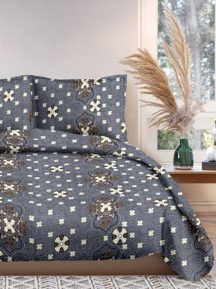 Cortina Glazed Cotton Grey Damask 140 TC King Bedsheet with 2 Pillow Covers