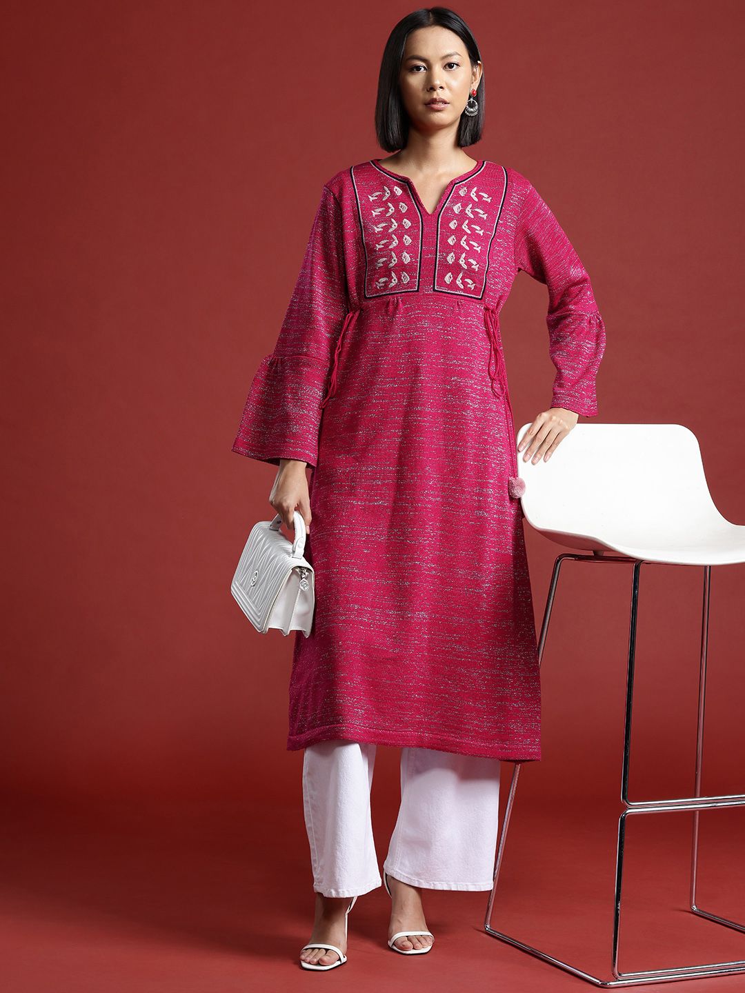 all about you Embroidered Yoke Design Bell Sleeves Kurta