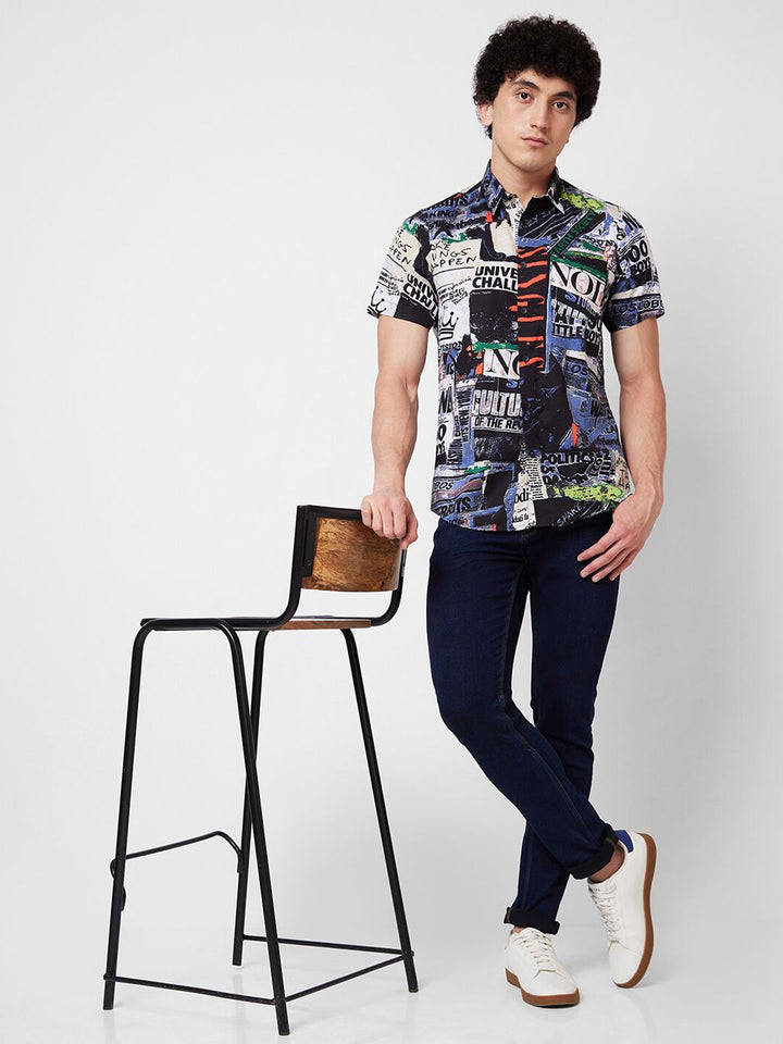 SPYKAR Spread Collar Short Sleeves Graphic Printed Cotton Casual Shirt