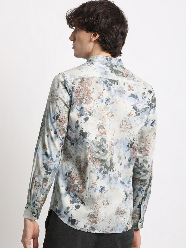 THE BEAR HOUSE Slim Fit Long Sleeves Spread Collar Cotton Opaque Printed Casual Shirt