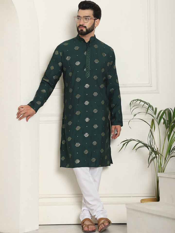 SOJANYA Kurta Lurus Sutera Kapas Sulam Geometrik Dengan Churidar