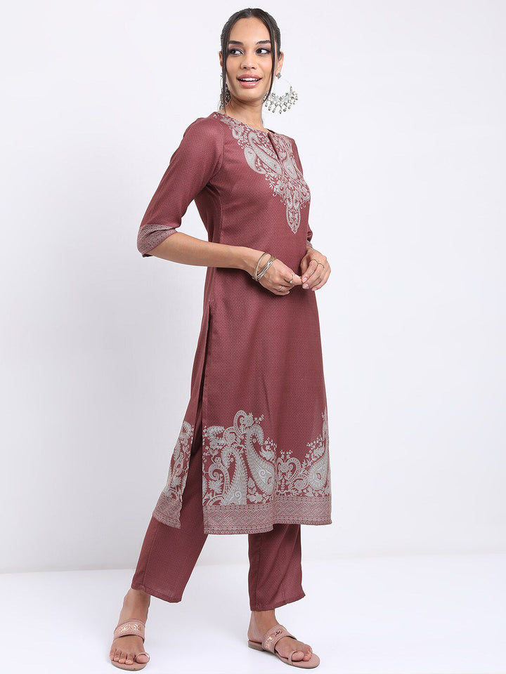 Vishudh Brown Ethnic Motifs Printed Regular Kurta with Trousers & With Dupatta
