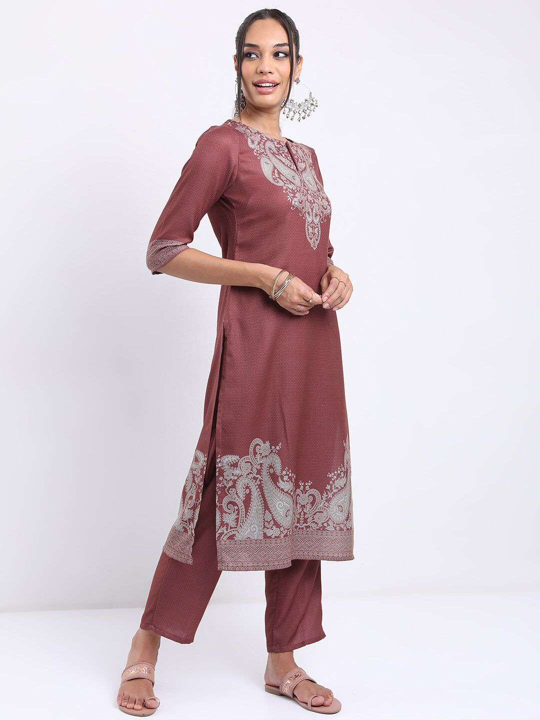 Vishudh Brown Ethnic Motifs Printed Regular Kurta with Trousers & With Dupatta