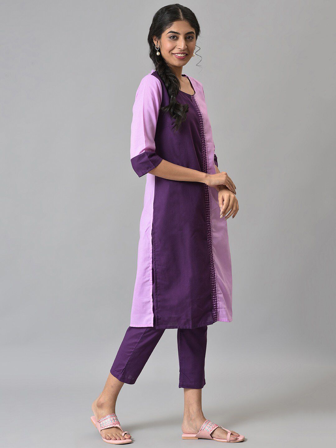AURELIA Women Purple Colourblocked Panelled Kurta with Palazzos