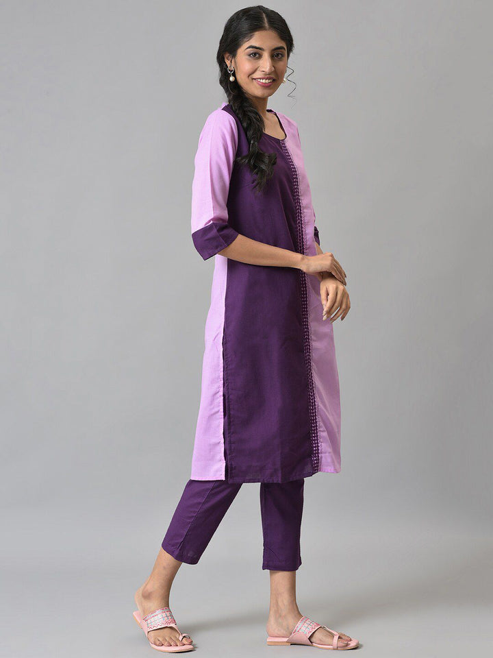 AURELIA Women Purple Colourblocked Panelled Kurta with Palazzos