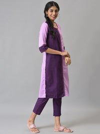 AURELIA Women Purple Colourblocked Panelled Kurta with Palazzos