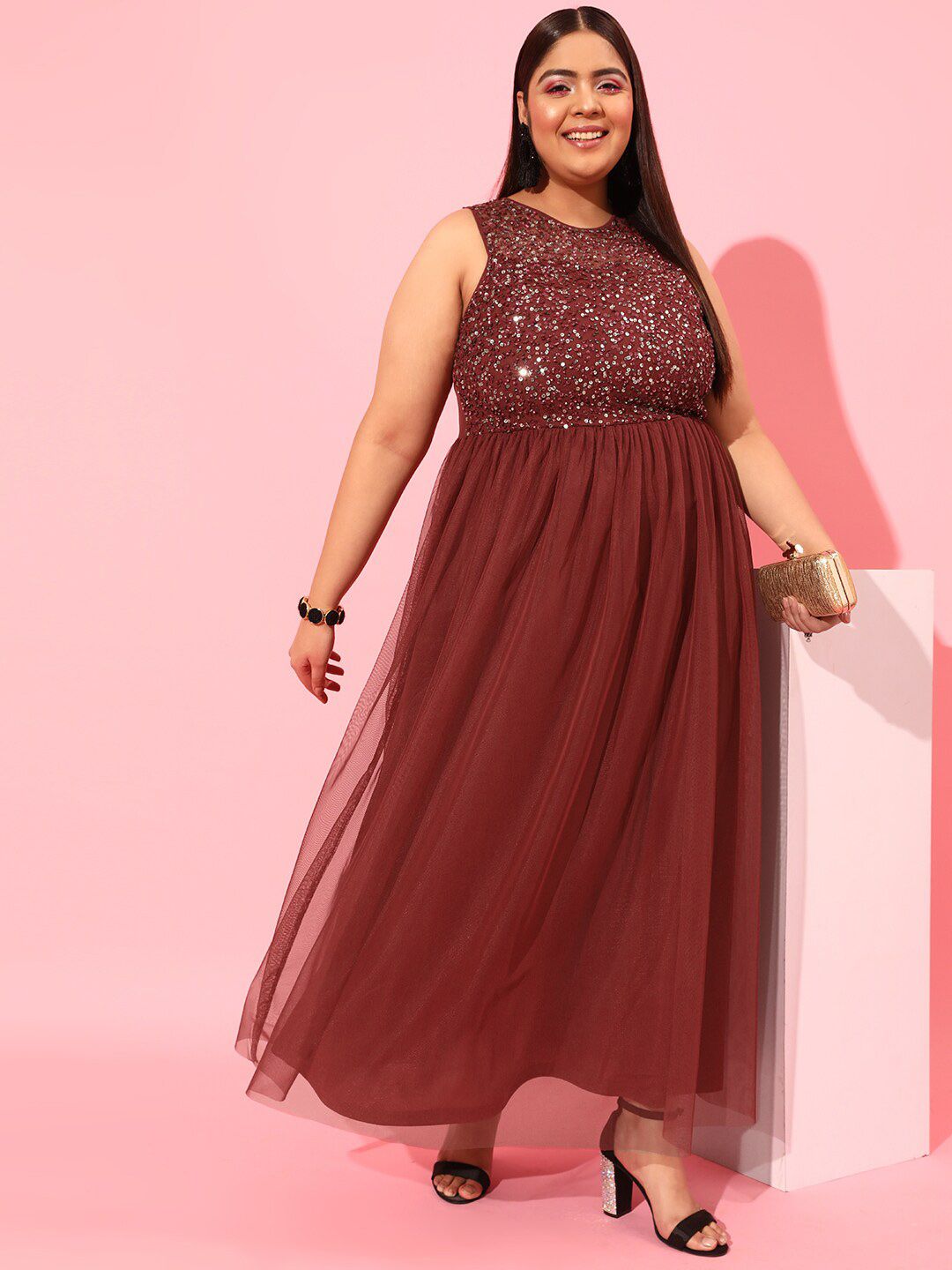 CURVY STREET Burgundy Plus Size Embellished Net Dress