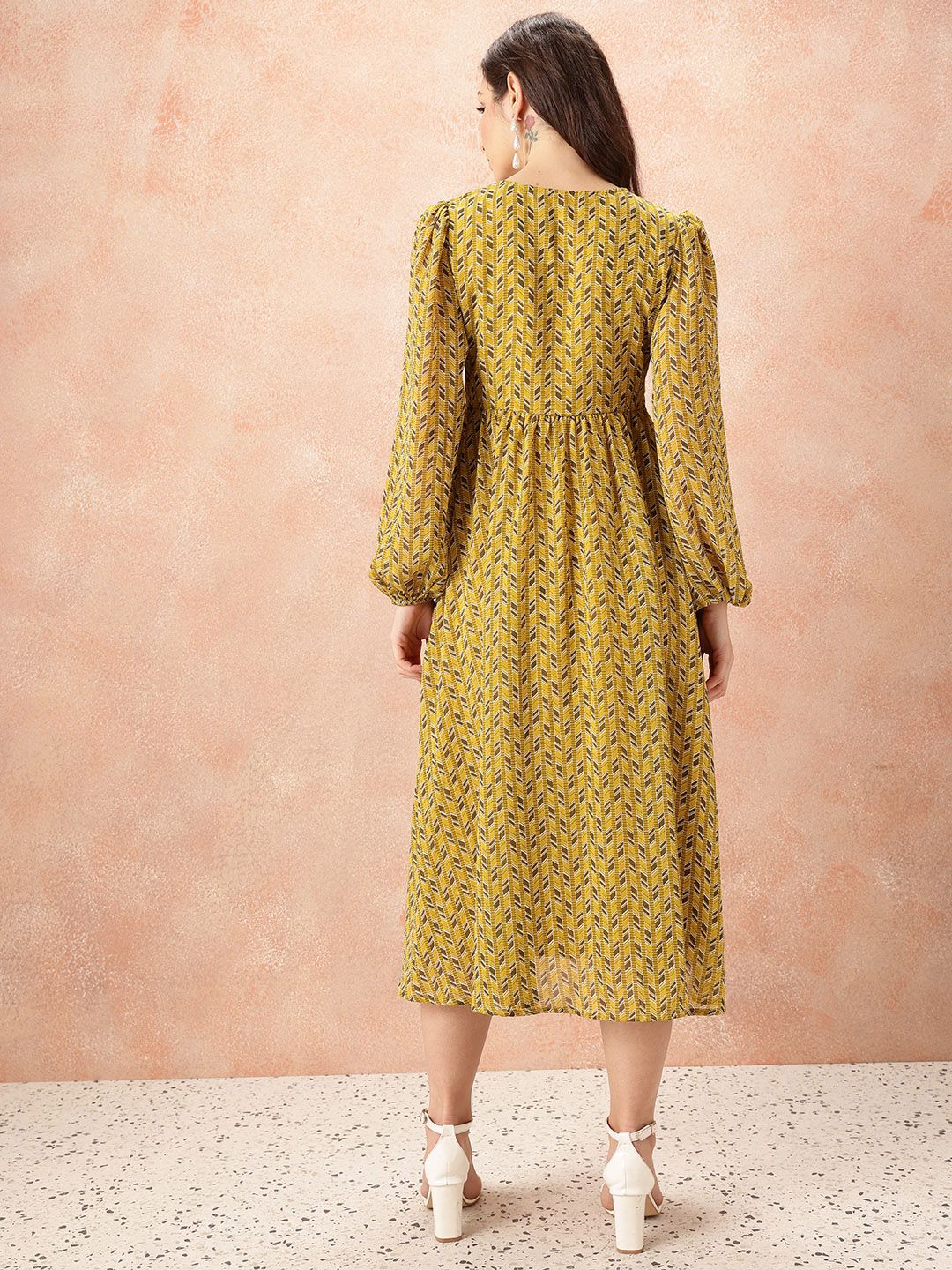 all about you Geometric Print Puff Sleeve Fit & Flare Midi Dress