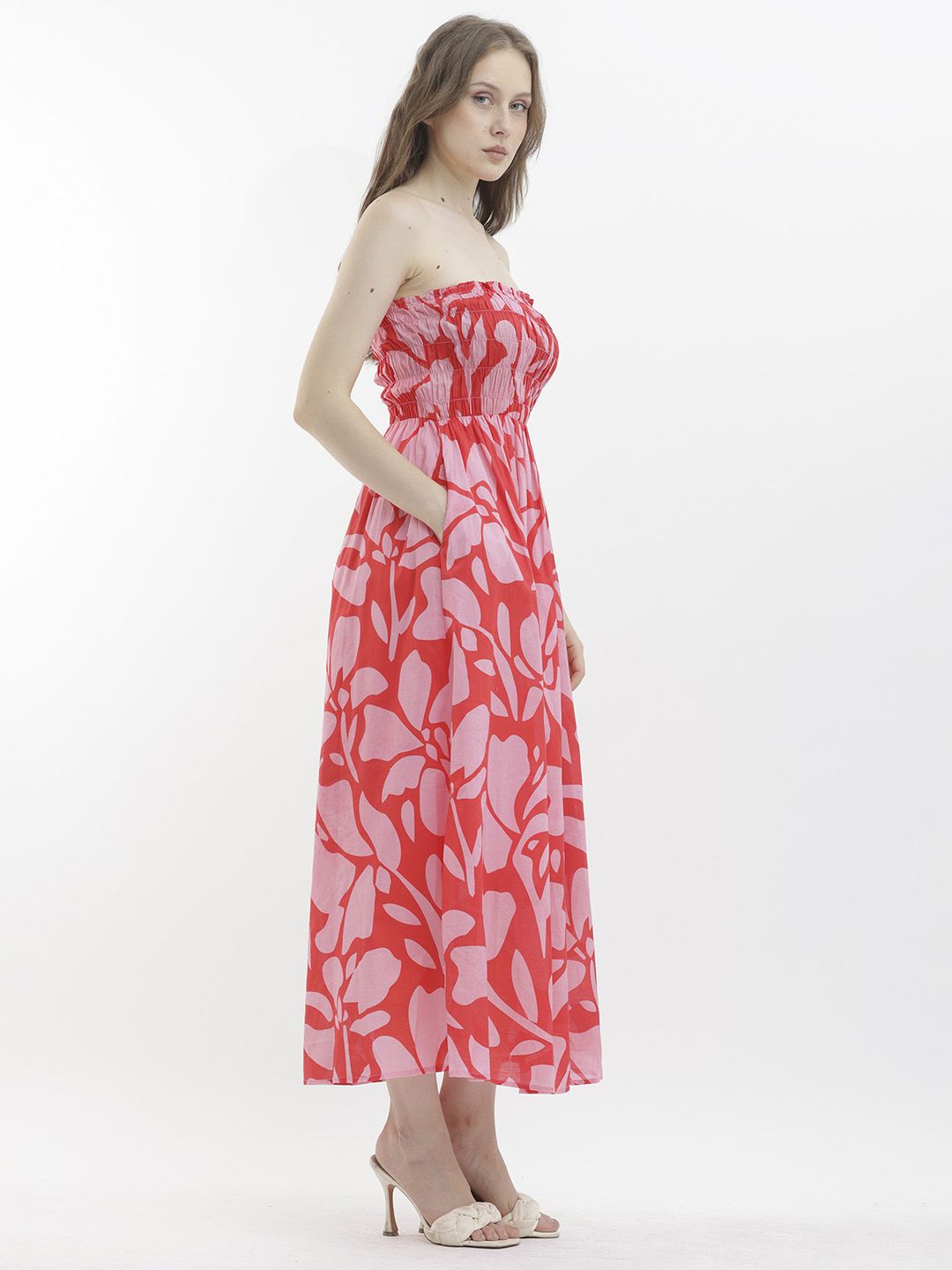 RAREISM Floral Printed Strapless Sleeveless Smocked Maxi Dress