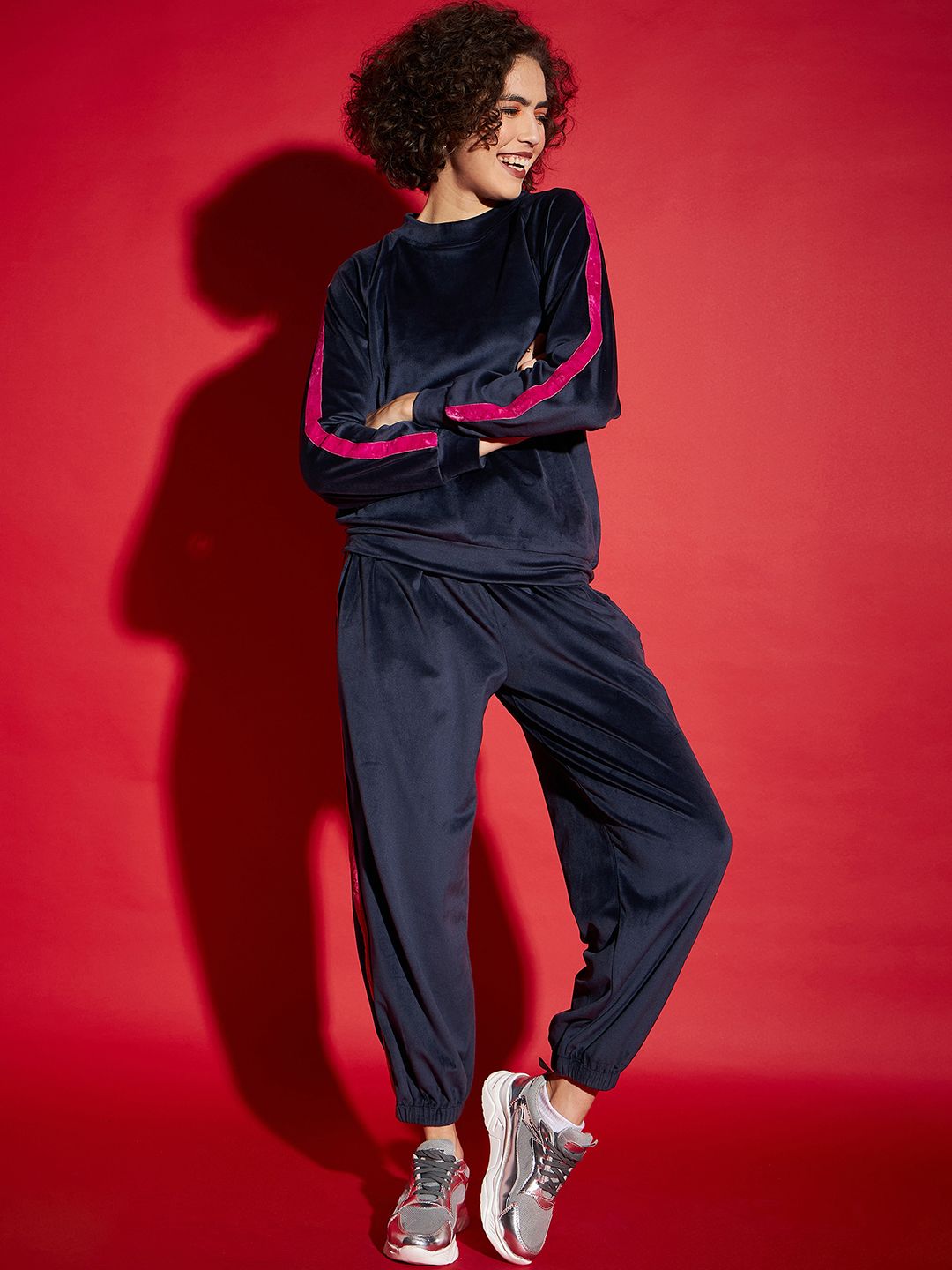 SASSAFRAS Navy Blue Velvet Tape Detail Sweatshirt With Joggers