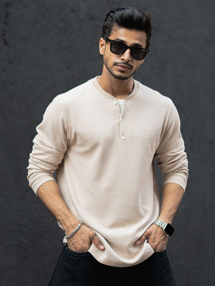 Powerlook Men Self Design Henley Neck Cotton T-shirt