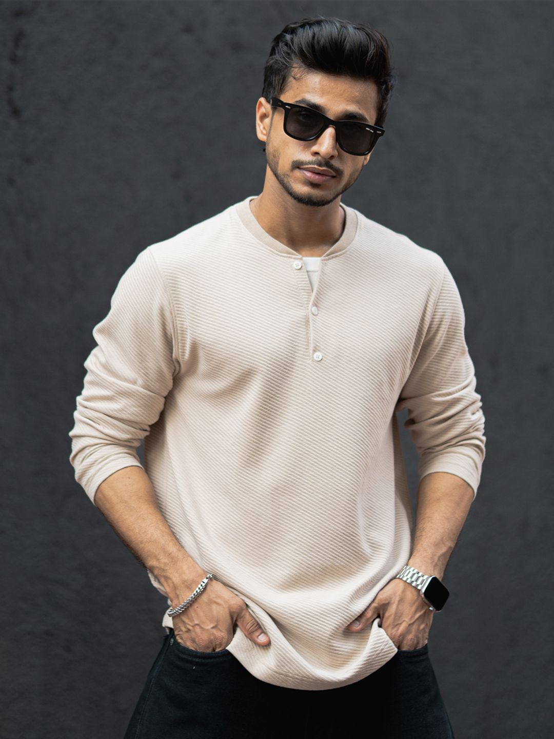 Powerlook Men Self Design Henley Neck Cotton T-shirt