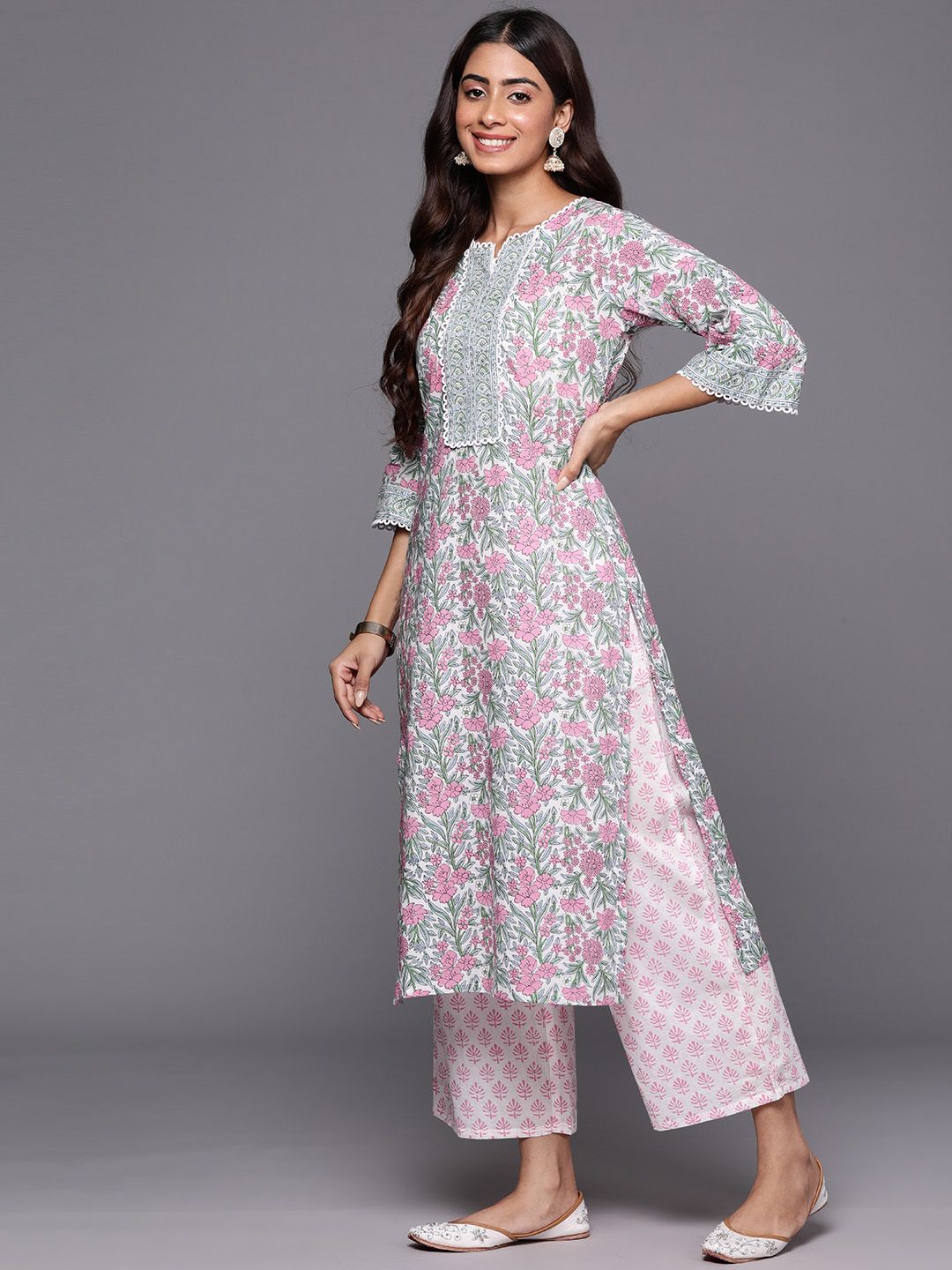 Libas Floral Printed Regular Pure Cotton Kurta with Palazzos & Dupatta