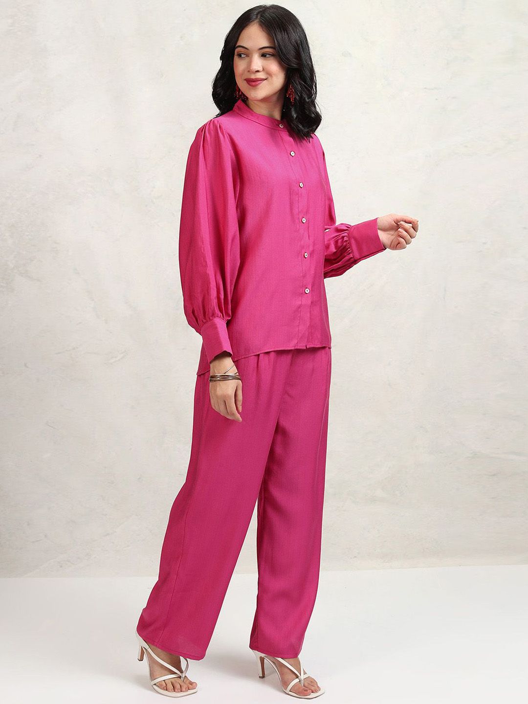Vishudh Fuchsia Mandarin Collar Puffed Sleeves Tunic With Palazzos