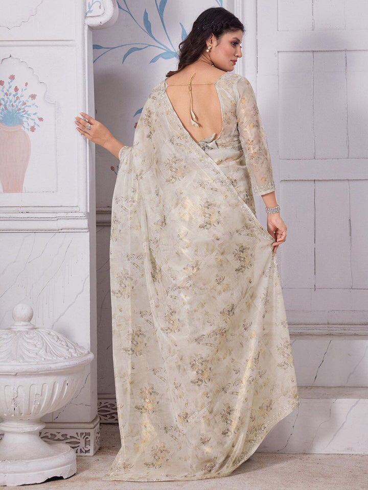 Saree mall Floral Printed Beads & Stones Organza Saree
