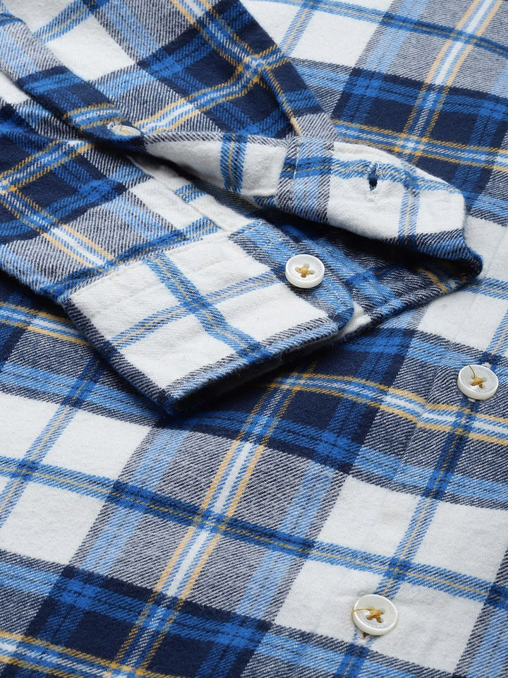 THE BEAR HOUSE Men Blue & White Slim Fit Tartan Checks Checked Pure Cotton Casual Shirt