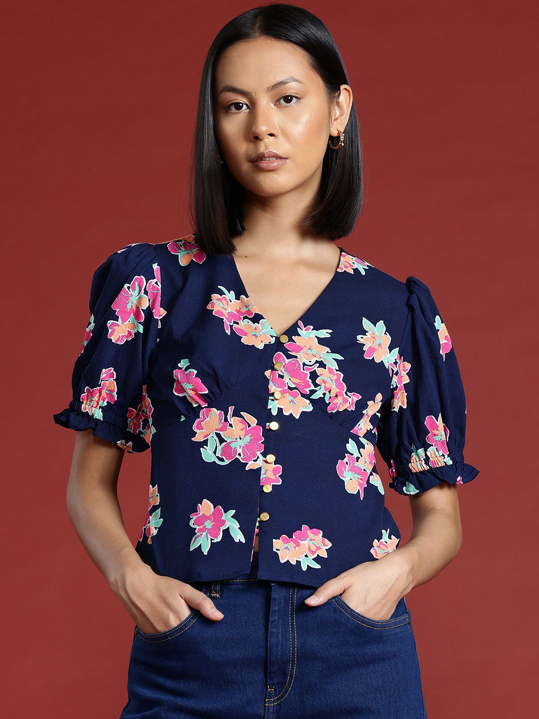 all about you Floral Printed Top with Puff Sleeves