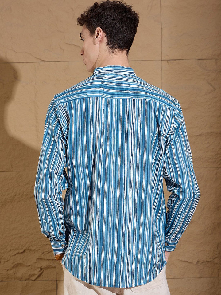 Dennison Striped Band Collar Cotton Pure Lurus Kurta Pendek
